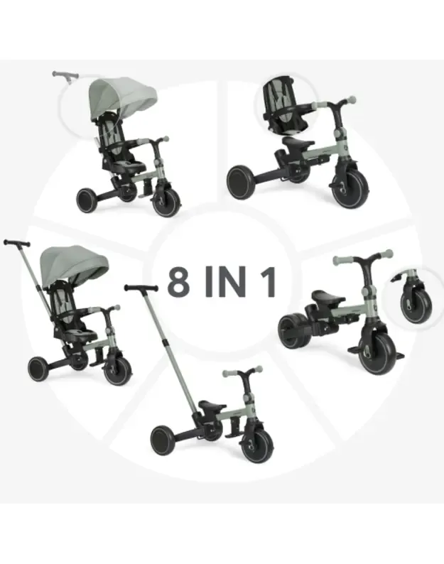 Triratukas 8in1 KikkaBoo Aluma Army Green – daugiafunkcis vaikiškas triratis 6