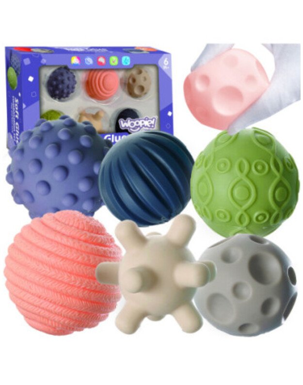 WOOPIE spalvoti sensoriniai kamuoliukai 6 vnt. – minkšti lavinamieji žaislai