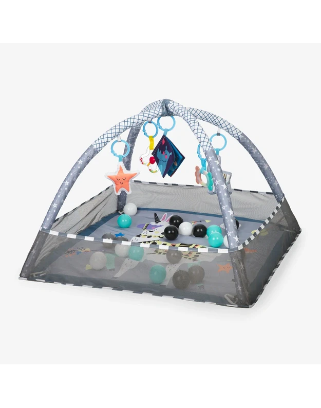 HAPPY LAMA developmental play mat with arches, toys, and balls