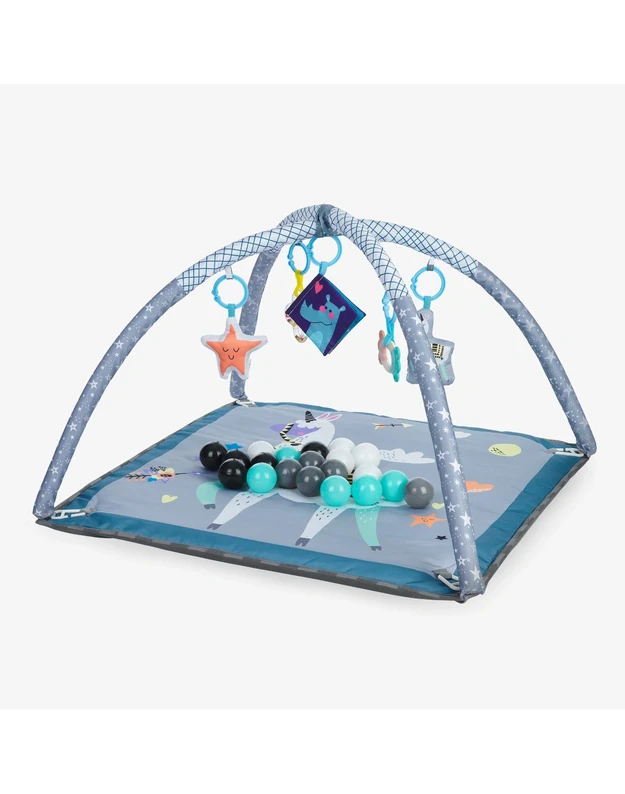 HAPPY LAMA developmental play mat with arches, toys, and balls