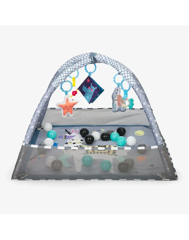 HAPPY LAMA developmental play mat with arches, toys, and balls