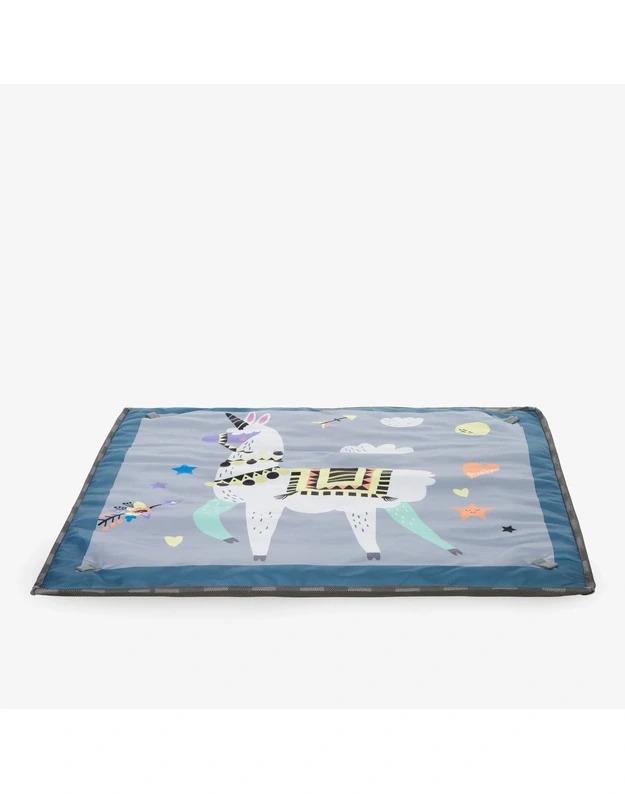 HAPPY LAMA developmental play mat with arches, toys, and balls