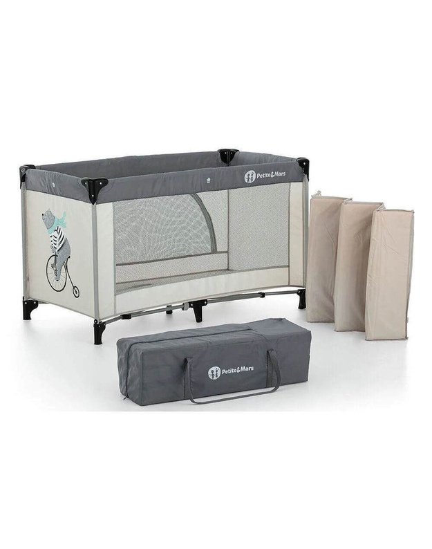 Petite&Mars Travel Cot Teddy Biker  Grey 