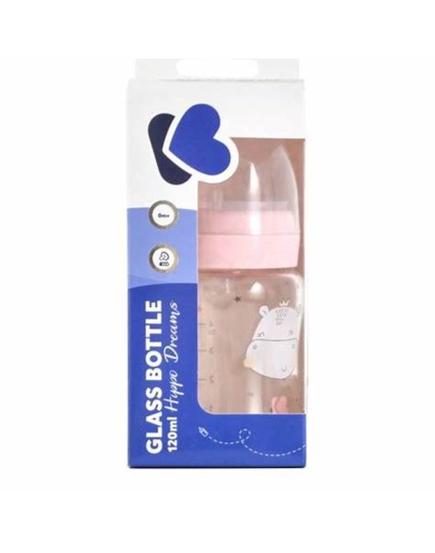 Glass feeding bottle Hippo Dreams, pink, 120 ml capacity